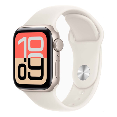 Apple Watch SE 3 (2025), 44 мм корпус из алюминия цвета «Starlight», ремешок Sport Band размера S/M цвета «Starlight» Apple Watch SE 3 (2025), 44 мм корпус из алюминия цвета «Starlight», ремешок Sport Band размера S/M цвета «Starlight»
