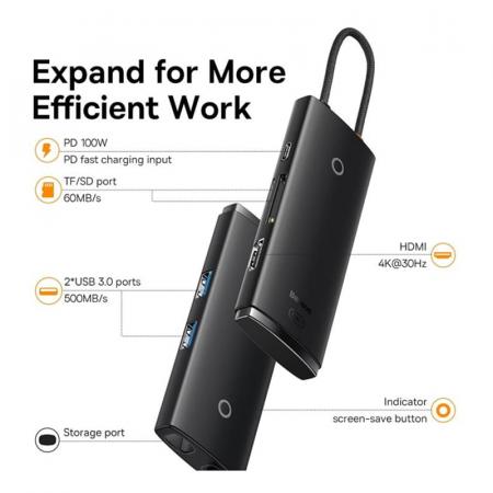 Хаб Baseus Lite Series 6-Port Type-C HUB Docking Station (Type-C to HDMI+USB3.0x2+PD+SD/TF) (WKQX050101) Черный Хаб Baseus Lite Series 6-Port Type-C HUB Docking Station (Type-C to HDMI+USB3.0x2+PD+SD/TF) (WKQX050101) Черный