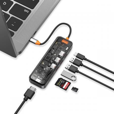 Хаб WiWU Cyber hub 7в1 USB3.0*3+SD/TF(3.0)+HDMI(4K30)+PD (CB007) Серый космос Хаб WiWU Cyber hub 7в1 USB3.0*3+SD/TF(3.0)+HDMI(4K30)+PD (CB007) Серый космос