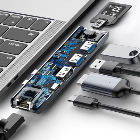Переходник Baseus для MacBook HUB TB3 C+ (Dual Type-C to USB3.0/HDMI/Type-C/SD/Micro/LAN) (CAHUB-L0G) Deep Grey, темно-серый Переходник Baseus для MacBook HUB TB3 C+ (Dual Type-C to USB3.0/HDMI/Type-C/SD/Micro/LAN) (CAHUB-L0G) Deep Grey, темно-серый