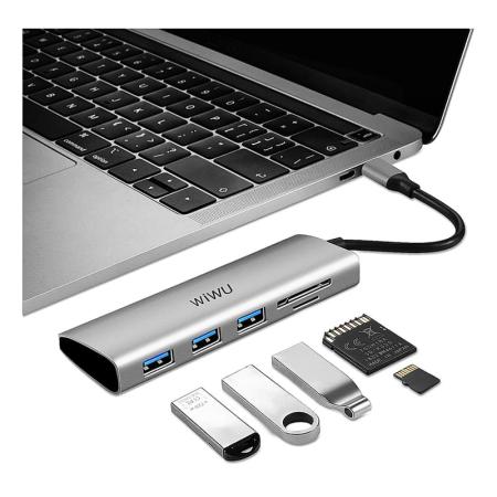Хаб WiWU Alpha 532ST Type-C to 3 x USB 3.0 + Cardreader 5в1 Adapter Серый Хаб WiWU Alpha 532ST Type-C to 3 x USB 3.0 + Cardreader 5в1 Adapter Серый