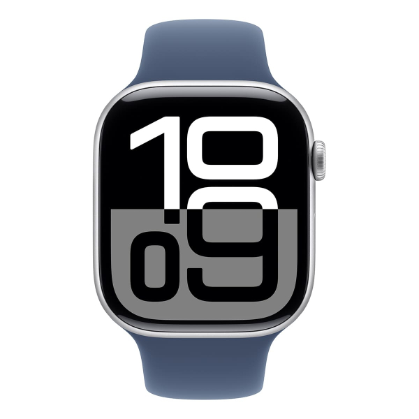 Apple Watch Series 10, 46 мм корпус из алюминия цвета «Silver», ремешок Sport Band размера M/L цвета «Denim» Apple Watch Series 10, 46 мм корпус из алюминия цвета «Silver», ремешок Sport Band размера M/L цвета «Denim»