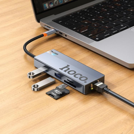 Хаб hoco. 8в1 (HDTV+RJ45+SD/TF+PD+Type-C3.0+USB3.0*2) (HB52) Темно-серый Хаб hoco. 8в1 (HDTV+RJ45+SD/TF+PD+Type-C3.0+USB3.0*2) (HB52) Темно-серый