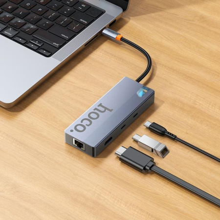 Хаб hoco. 8в1 (HDTV+RJ45+SD/TF+PD+Type-C3.0+USB3.0*2) (HB52) Темно-серый Хаб hoco. 8в1 (HDTV+RJ45+SD/TF+PD+Type-C3.0+USB3.0*2) (HB52) Темно-серый