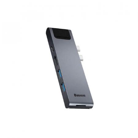 Переходник Baseus для MacBook HUB TB3 C+ (Dual Type-C to USB3.0/HDMI/Type-C/SD/Micro/LAN) (CAHUB-L0G) Deep Grey, темно-серый Переходник Baseus для MacBook HUB TB3 C+ (Dual Type-C to USB3.0/HDMI/Type-C/SD/Micro/LAN) (CAHUB-L0G) Deep Grey, темно-серый